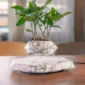 A small plant in a geometric pot levitates above a matching marble-patterned base, sitting on a wooden table.