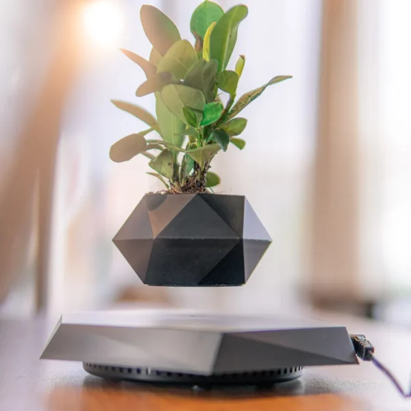 Hot Selling Air Bonsai Magnetic Levitating Flower Pot Floating Plant Pot Creative Gifts For Home Decoration 3 A small plant in an angular, black pot hovers above a matching black base, creating a floating effect.