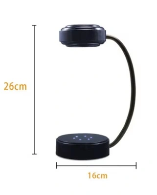 Floating Helmet Stand: A sleek, black stand with a modern curved design, featuring a circular top and base. It measures 26cm in height and 16cm in width.