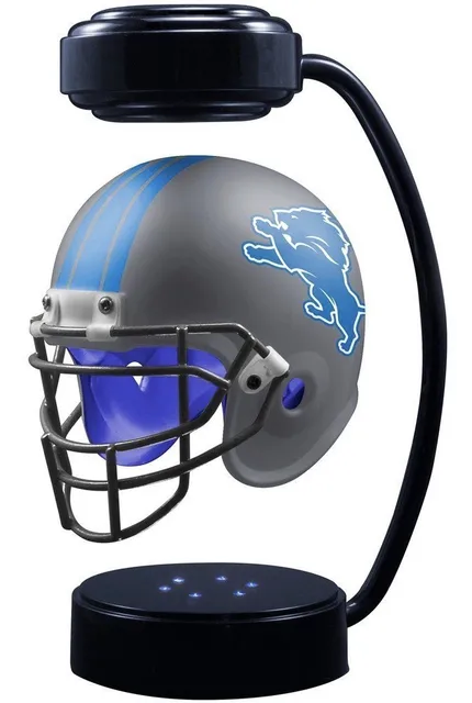 32 type Creative Hover Helmets Magnetic Levitating Helmet with Electromagnetic Stand Suspension Decoration Collectible for Sport - K 17 A gray and blue football helmet with a lion logo, displayed on a black stand with a magnetic levitation design.