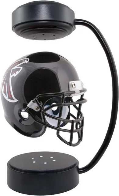 32 type Creative Hover Helmets Magnetic Levitating Helmet with Electromagnetic Stand Suspension Decoration Collectible for Sport - Z3 35 A black football helmet with a team logo is suspended between two magnetic bases in a levitating display stand.