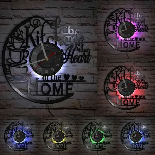 The Kitchen The Heart of The Home Inspired Vinyl Record Clock Modern Design Vinyl Wall Watch Kitchen Decor Noiseless Timepieces – With LED 8 Wall clock with the phrase "The kitchen is the heart of the home" and cups design. Shown with different colored LED backlights on a brick wall.