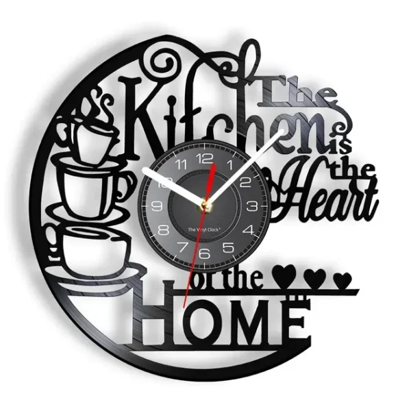 The Kitchen The Heart of The Home Inspired Vinyl Record Clock Modern Design Vinyl Wall Watch Kitchen Decor Noiseless Timepieces – Without LED 7 Wall clock with a design featuring stacked coffee cups and the phrase "The Kitchen is the Heart of the Home" in decorative black lettering.