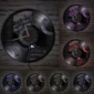 A wall clock designed like a vinyl record displays musical notes and instruments. It is shown in six different colors against a brick background.