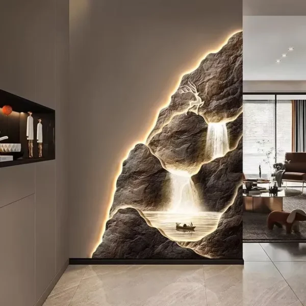 2024 New Flow Generating Wealth, Entrance Decoration Painting, High end Corridor Mural, Landscape Hanging Painting 6 Illuminated wall art depicting a rocky waterfall scene, blending with the modern interior of a living room, featuring sleek furniture and decor.