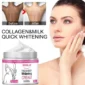 A woman touches her face near a jar of whitening cream; inset shows "before" and "after" images of lighter skin and text promotes collagen and milk quick whitening.